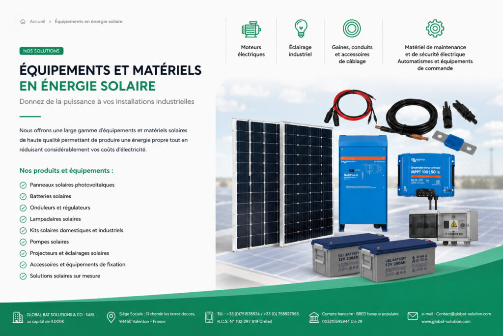 Panneaux photovoltaïques, batteries, onduleurs et accessoires pour énergie solaire